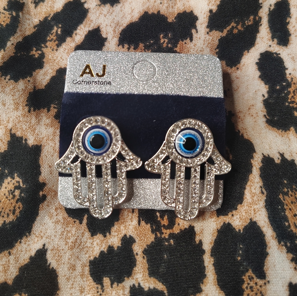 AJ Silver and Blue Hamsa Earrings